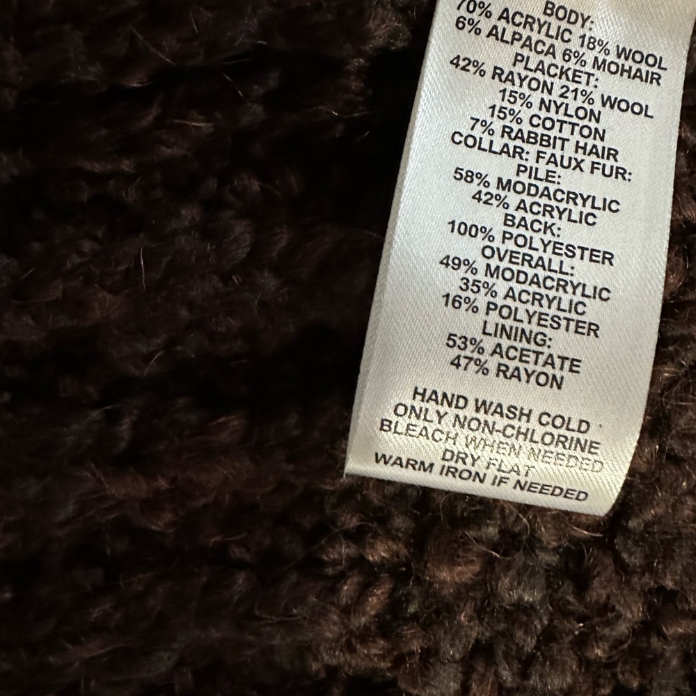LOFT Dark Brown V-Neck Sweater with Faux Fur Collar - Picture 3 of 3